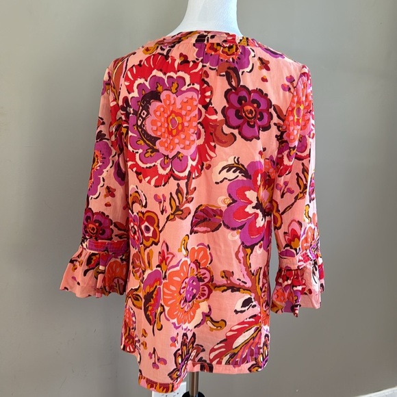 Tory Burch Gwenna Orange Pink 3/4 Sleeve Tassel Tie Floral Blouse Top Size 10 - Picture 8 of 11
